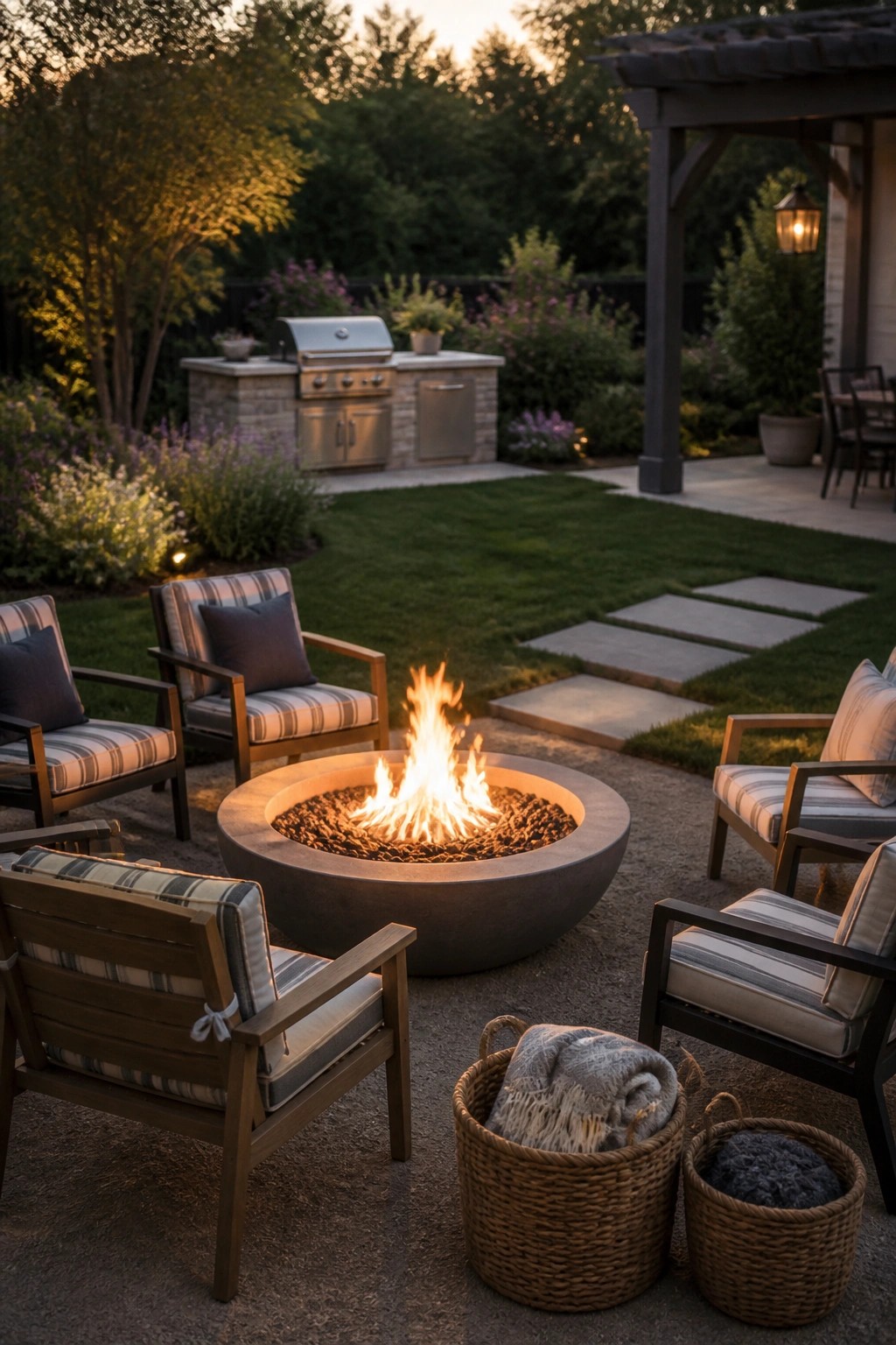 A round concrete fire pit with active flames sits on a patio, surrounded by wooden armchairs with striped cushions and two wicker baskets holding folded blankets.