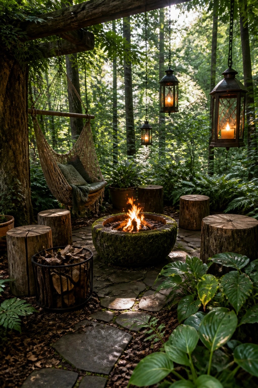 A moss-covered stone fire bowl with a burning fire sits on a flagstone patio in a forest, surrounded by log stump seats, hanging lanterns, and a hammock.