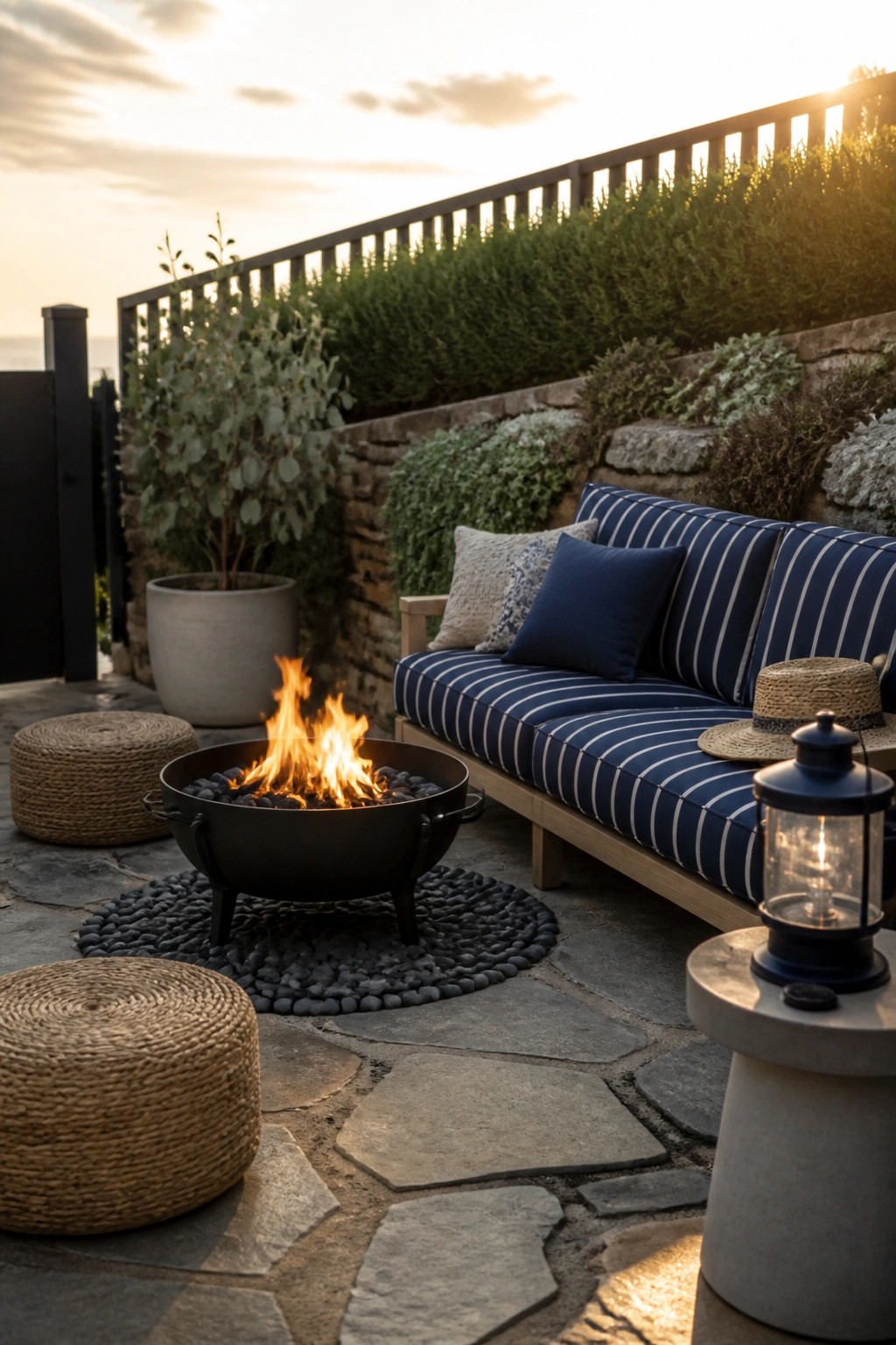 A black fire bowl with flames sits on a stone patio next to a wooden bench with blue striped cushions, two woven ottomans, and a lit lantern on a concrete table, with green plants and a stone wall in the background.