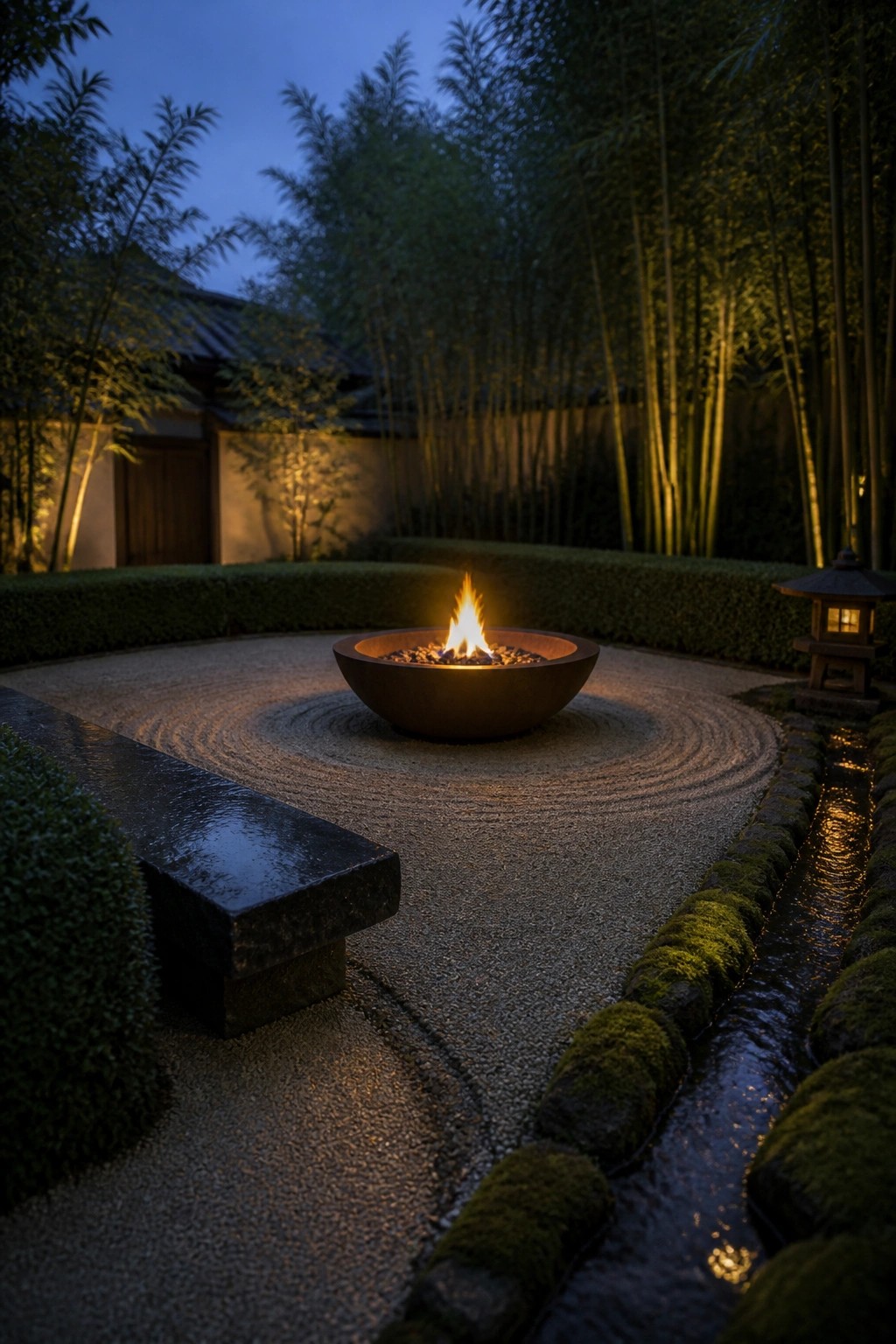 A lit fire bowl rests in the center of a raked gravel circle at dusk, with bamboo, a stone lantern, and a moss-edged water feature nearby.