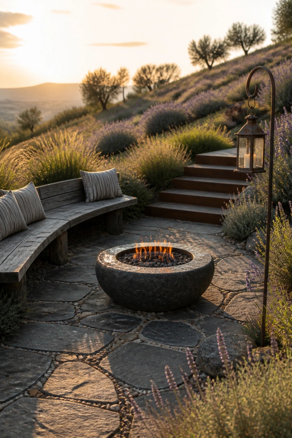 A round stone fire pit with active flames sits centered on a flagstone patio beside a wooden bench with striped cushions, a lit lantern on a metal pole, and lavender plants along the edges with stone steps rising into the background.