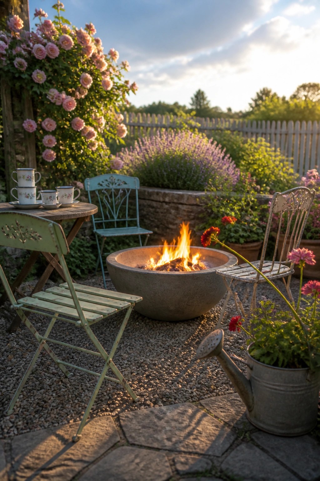 A round concrete fire bowl with active flames sits on a gravel patio, surrounded by painted metal chairs, a small table holding cups, and various garden flowers and plants.