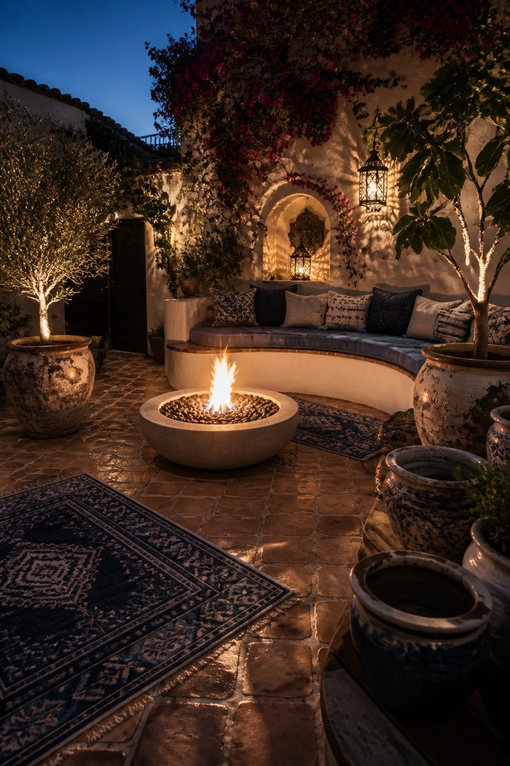 A nighttime view of a curved patio bench with cushions, a round concrete fire bowl on brick paving, large potted trees, and hanging lanterns against a white stucco wall.