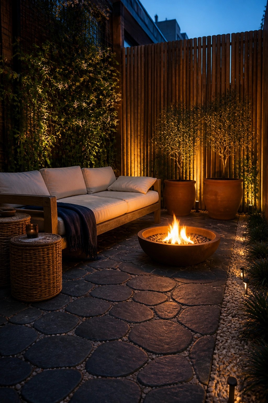 A stone-paved patio at dusk with a lit fire bowl in the center, a wooden sofa with cushions along one side, potted trees, and a vertical garden wall in the background.