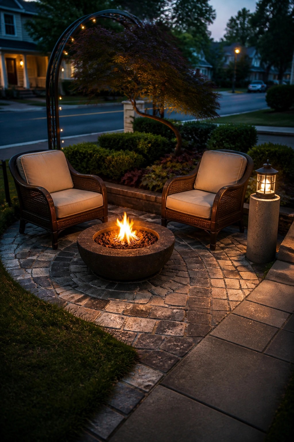 Two cushioned wicker chairs flank a flaming fire pit on a dusk-lit stone patio.