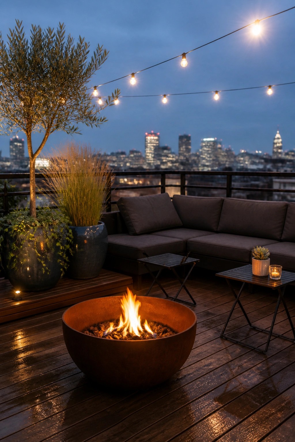 A rooftop patio at dusk shows a round metal fire bowl with active flames on a wooden deck, next to a dark sectional sofa, potted trees and grasses, small side tables, and string lights overhead, with a city skyline visible beyond the railing.