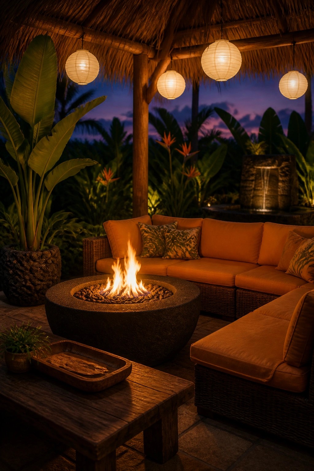 A round stone fire bowl with active flames sits centered on a patio under a thatched roof, surrounded by an orange wicker sectional and hanging lanterns amid tropical plants.