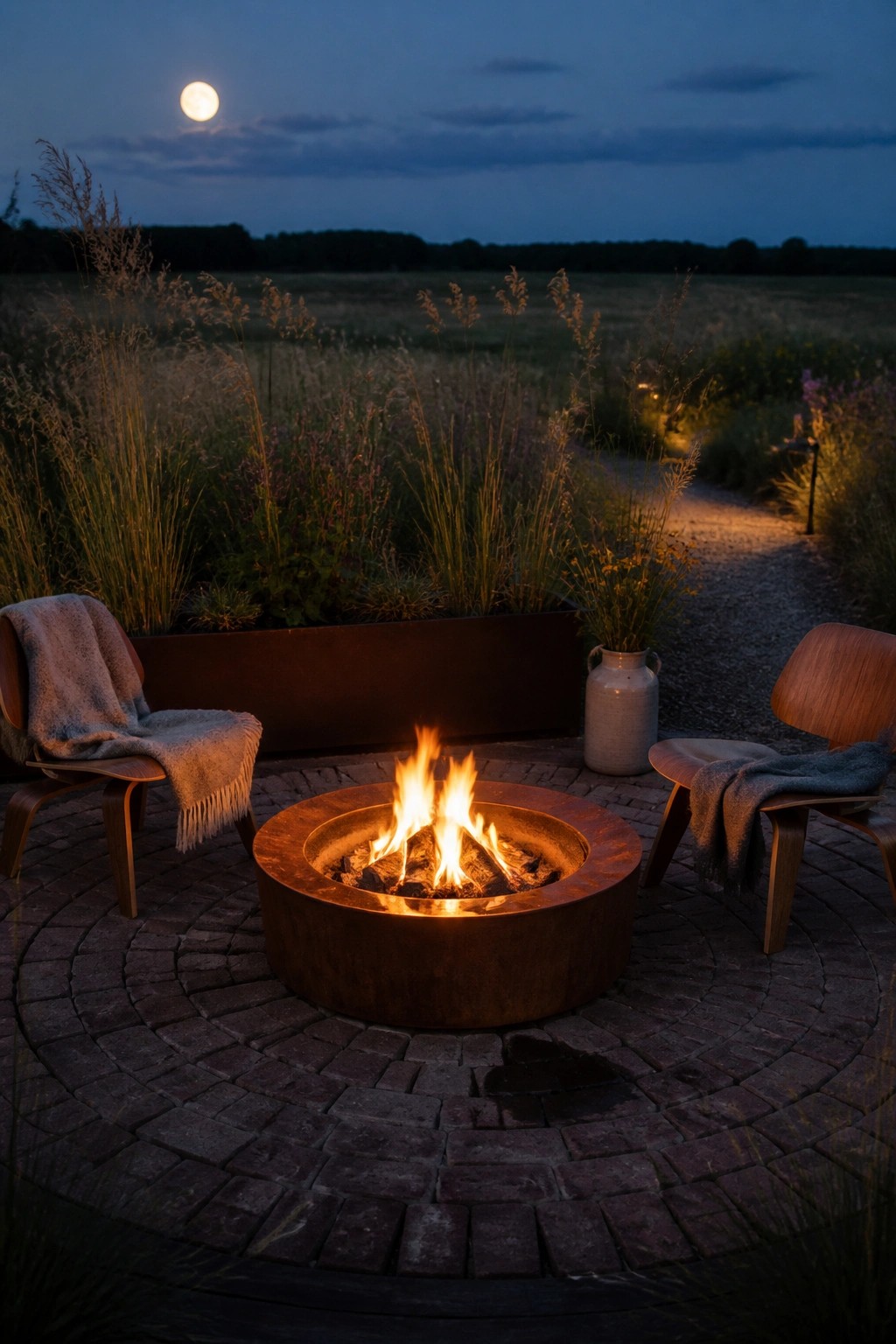 A circular brick patio with a metal fire pit in the center, two low wooden chairs with blankets beside it, and tall grasses and plants around the edges at dusk.