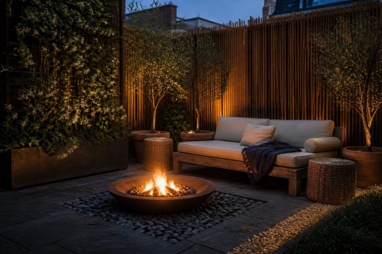 21 Cozy Patio Garden Ideas Built Around Fire Bowls, Soft Lighting, and Green Surrounds A stone-paved patio at dusk with a lit fire bowl in the center, a wooden sofa with cushions along one side, potted trees, and a vertical garden wall in the background.