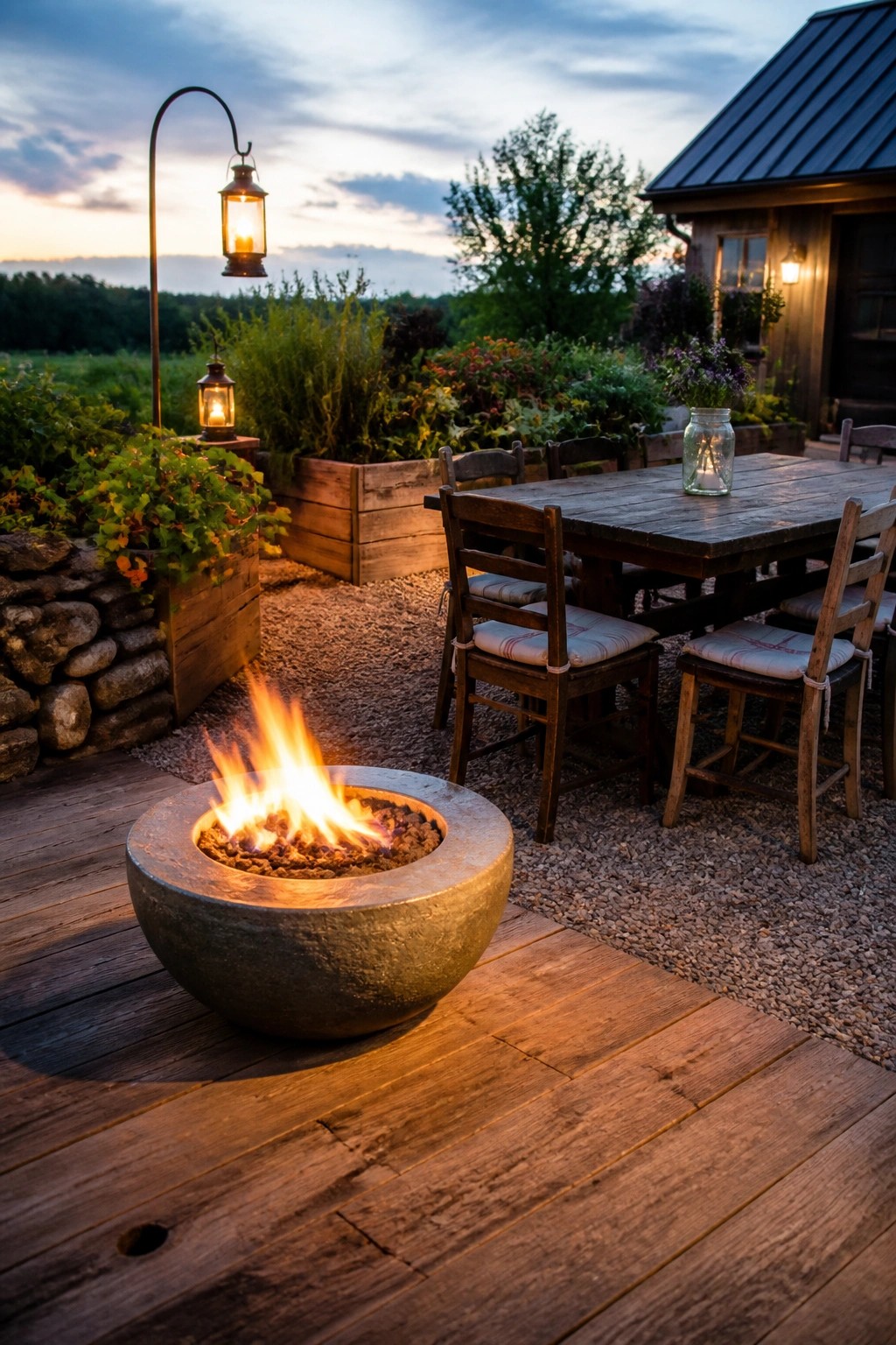 Rustic deck with flaming stone fire pit, wooden dining table, and glowing lanterns at dusk