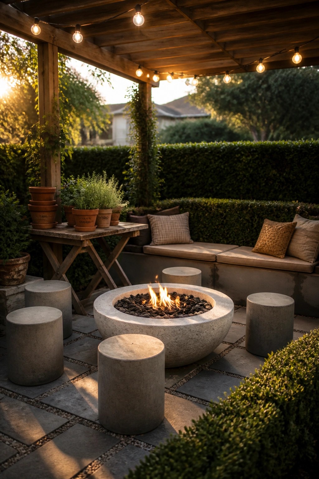 A round concrete fire bowl with a lit fire sits on a paved patio, surrounded by several cylindrical concrete stools under a wooden pergola strung with lights and bordered by green hedges.