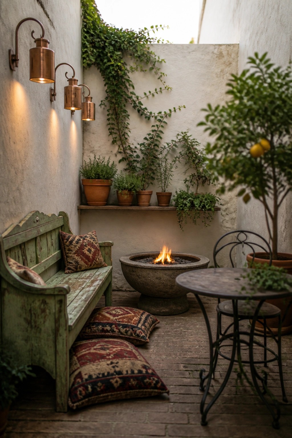 Cozy rustic patio with stone fire pit, green bench, pillows, and climbing vines