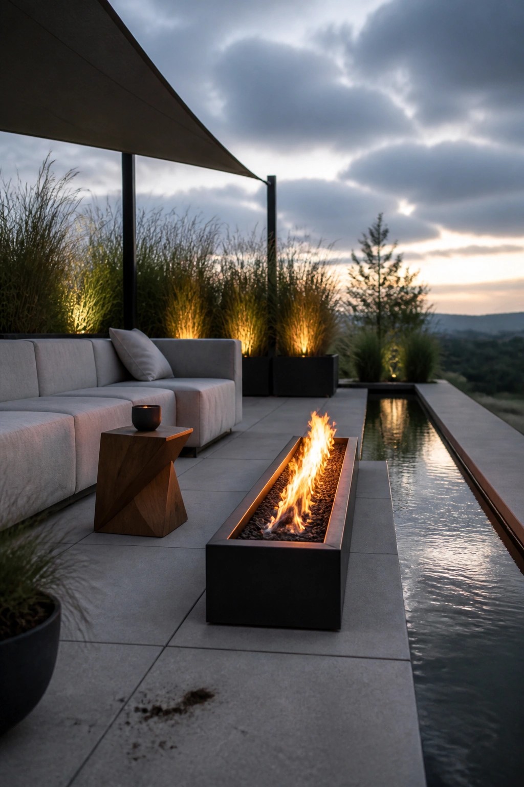 A modern outdoor patio features a long rectangular fire pit in a black metal frame next to a linear water channel, with light gray sectional seating and a wooden side table.