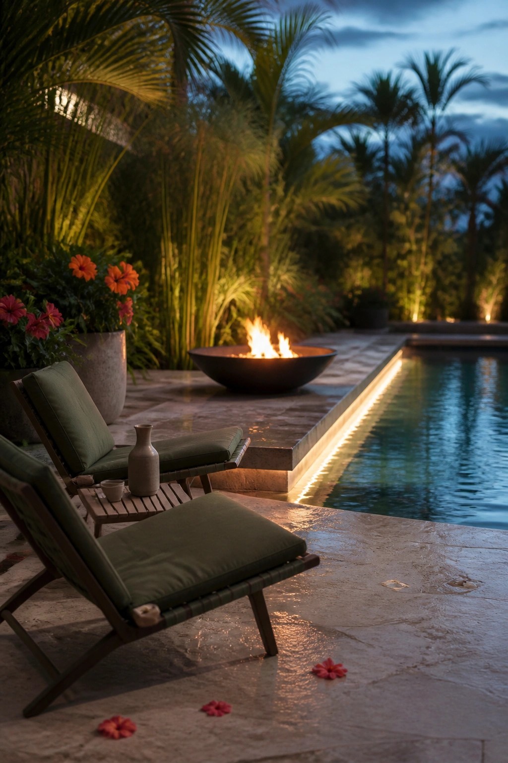 Two green lounge chairs and a small table sit on a stone patio beside a fire bowl with flames, next to a lit swimming pool at dusk with palm trees and flowers in the background.