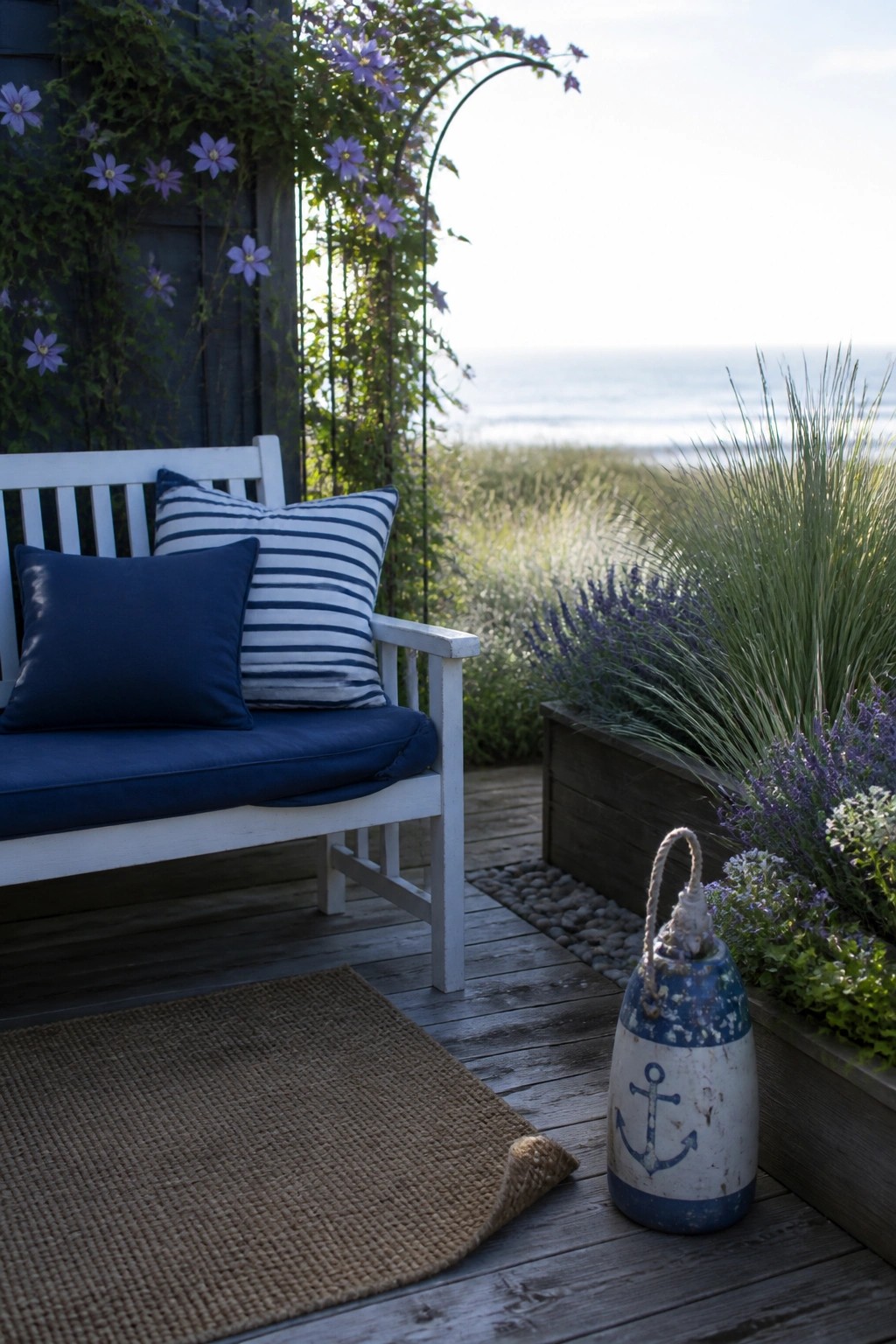 A white wooden bench with navy blue cushions and striped pillows sits on a wooden deck beside a planter filled with grasses and flowers, with a buoy on the deck and the ocean visible in the background.