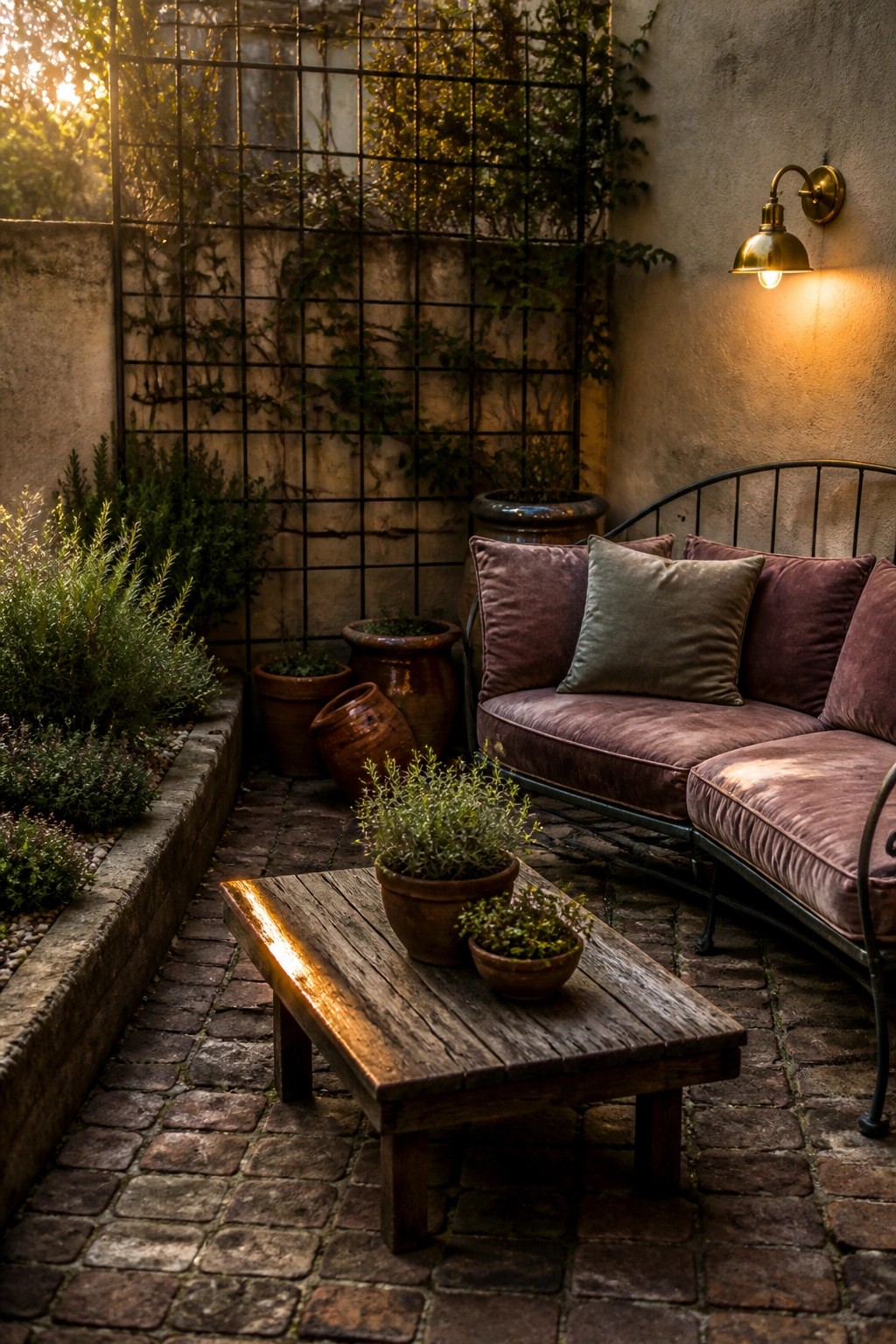 A small brick patio holds a metal-framed sofa with cushions and a low wooden table with potted plants in front of a vine-covered metal trellis on the wall.