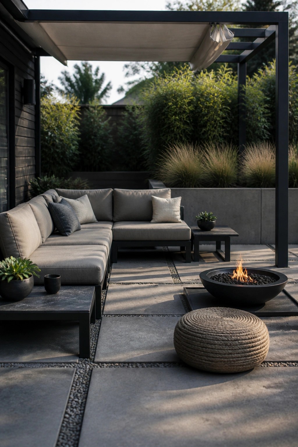 An outdoor patio with a gray L-shaped sectional sofa under a black pergola, a round black fire pit with flames, a woven ottoman, and small side tables surrounded by green plants and concrete walls.