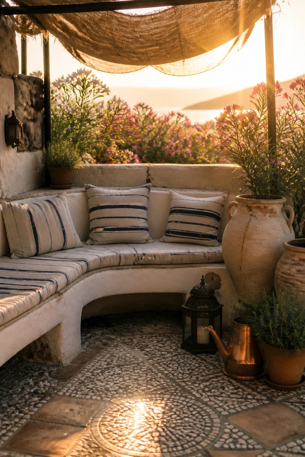 A curved built-in bench with striped cushions sits on a tiled patio beside large terracotta pots, with flowering plants and a sea view in the background at sunset.