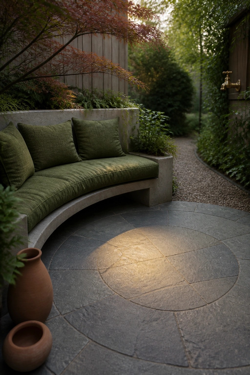 A curved concrete bench with green cushions sits in a garden corner beside a circular stone patio, with surrounding plants, trees, and a gravel path.