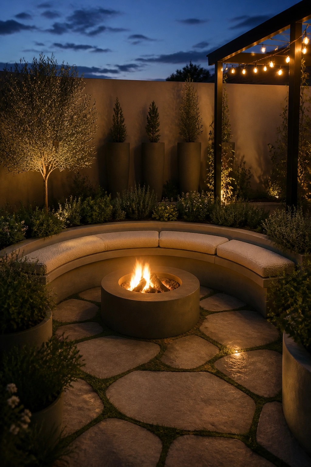 A circular concrete fire pit with burning logs sits at the center of a curved stone bench with cushions on a flagstone patio, surrounded by potted trees and string lights at dusk.