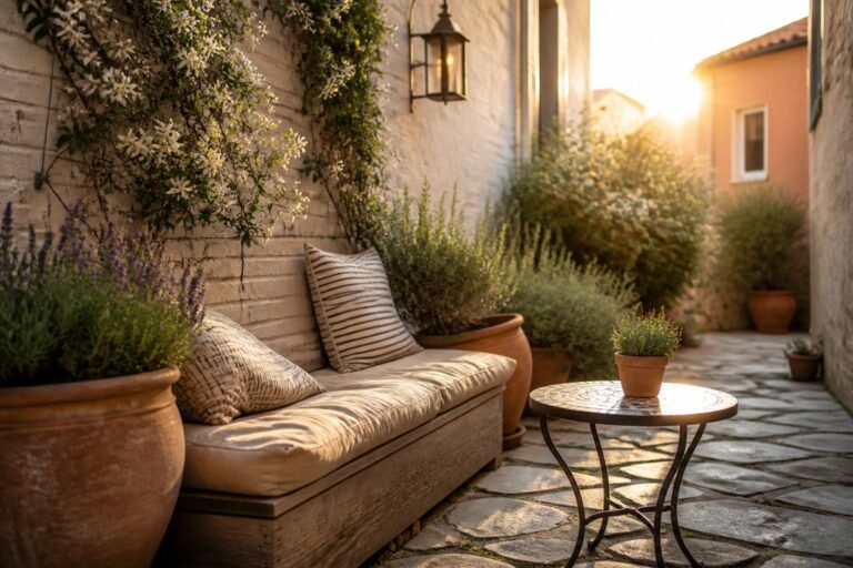 Cozy wooden bench with striped cushions on sunlit stone patio amid potted plants.
