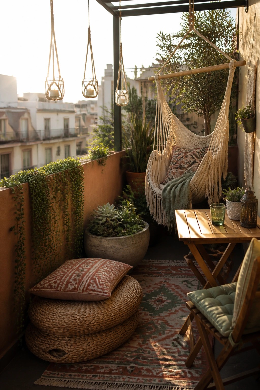 A small balcony with a macrame hammock chair, stacked woven floor cushions topped with a patterned pillow, hanging plants, and a wooden table on a rug.
