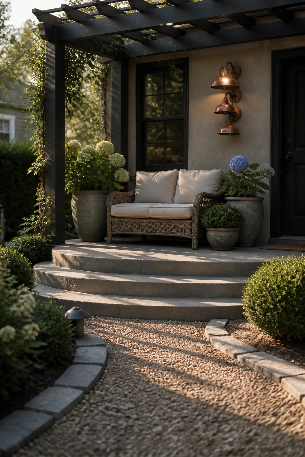 A covered porch with a cushioned wicker sofa flanked by two large potted plants, steps leading up from a gravel path, and wall-mounted copper lights.