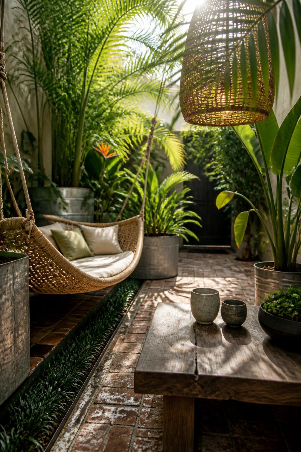 A woven hanging chair with cushions is suspended among large potted plants on a brick garden path beside a wooden table.