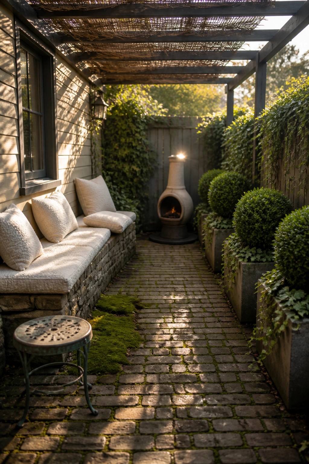 A narrow brick garden path under a wooden pergola with a long stone bench and cushions along the left side, potted shrubs on the right, and a fireplace at the far end.