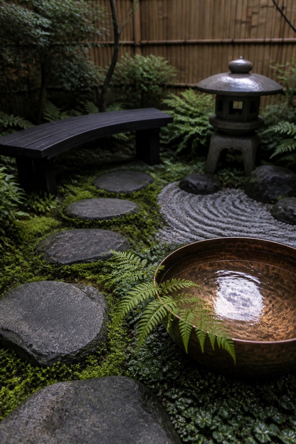 A compact garden with round gray stepping stones set into green moss, a curved wooden bench, raked gravel, a stone lantern, ferns, and a copper water bowl in the foreground.