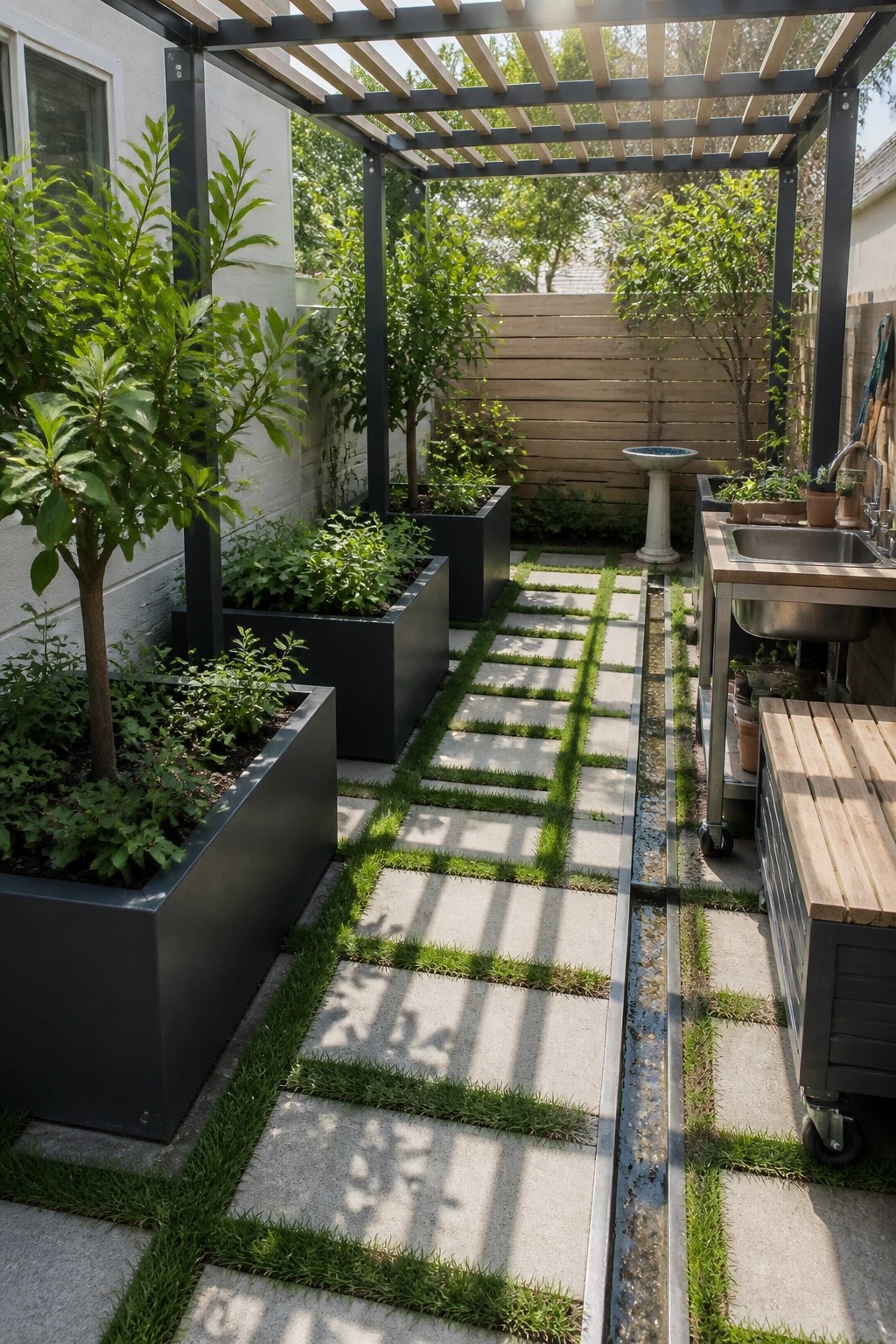 A narrow garden walkway of rectangular concrete pavers separated by strips of grass, lined with black raised planters and a pergola overhead.