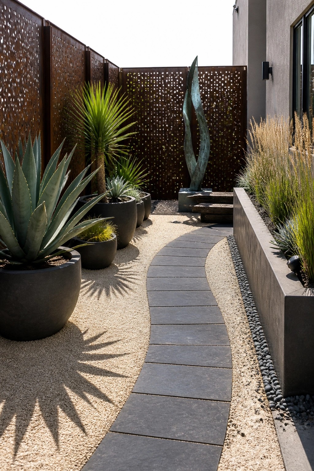 A narrow outdoor garden walkway of dark stone slabs curves through light gravel, bordered by large potted succulents on the left and a raised planter on the right, with a metal privacy screen in the background.