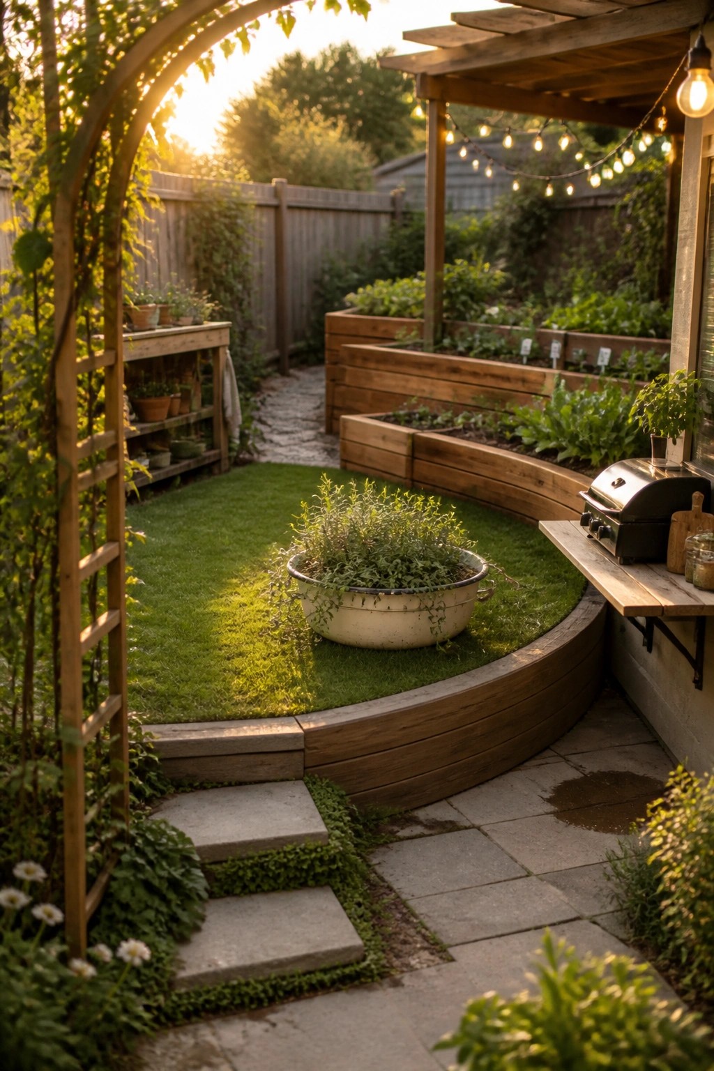 A small backyard with curved wooden raised garden beds surrounding a central lawn area, a stone pathway, and a pergola with string lights over a grill station.