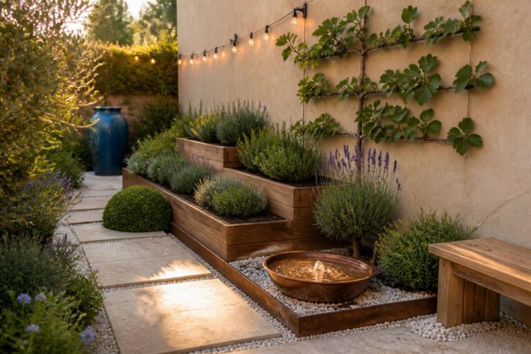A narrow gravel path with stone pavers runs beside curved metal raised beds holding layered plants, a small fountain, and a tree trained against a stucco wall.