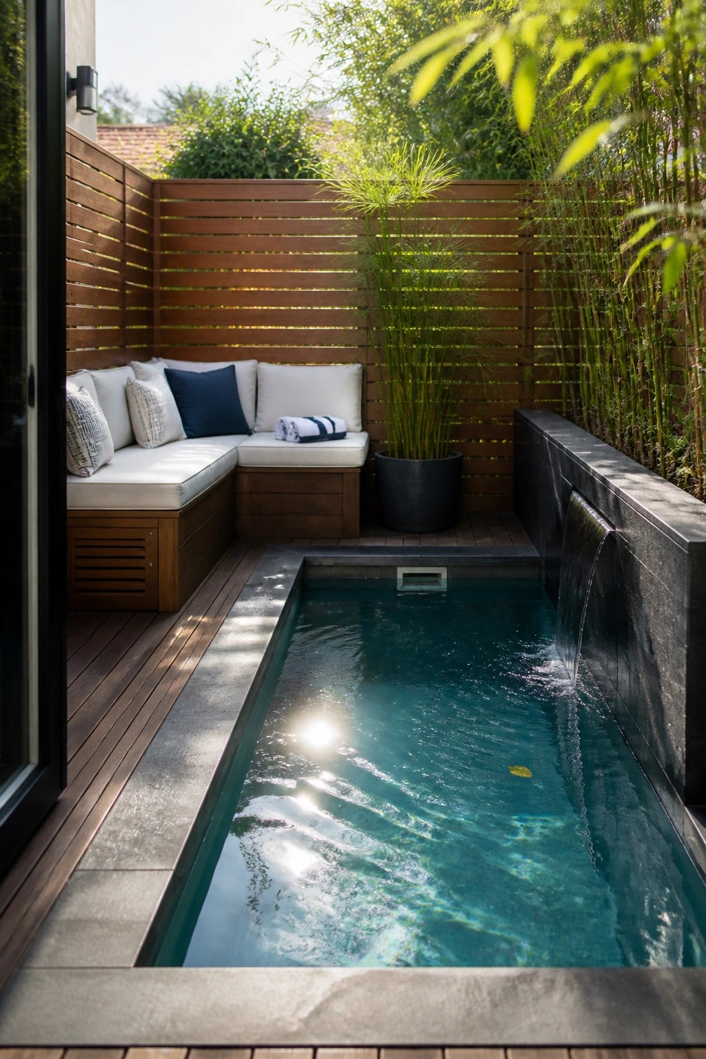Modern plunge pool with waterfall, wooden deck, and cushioned outdoor seating area.