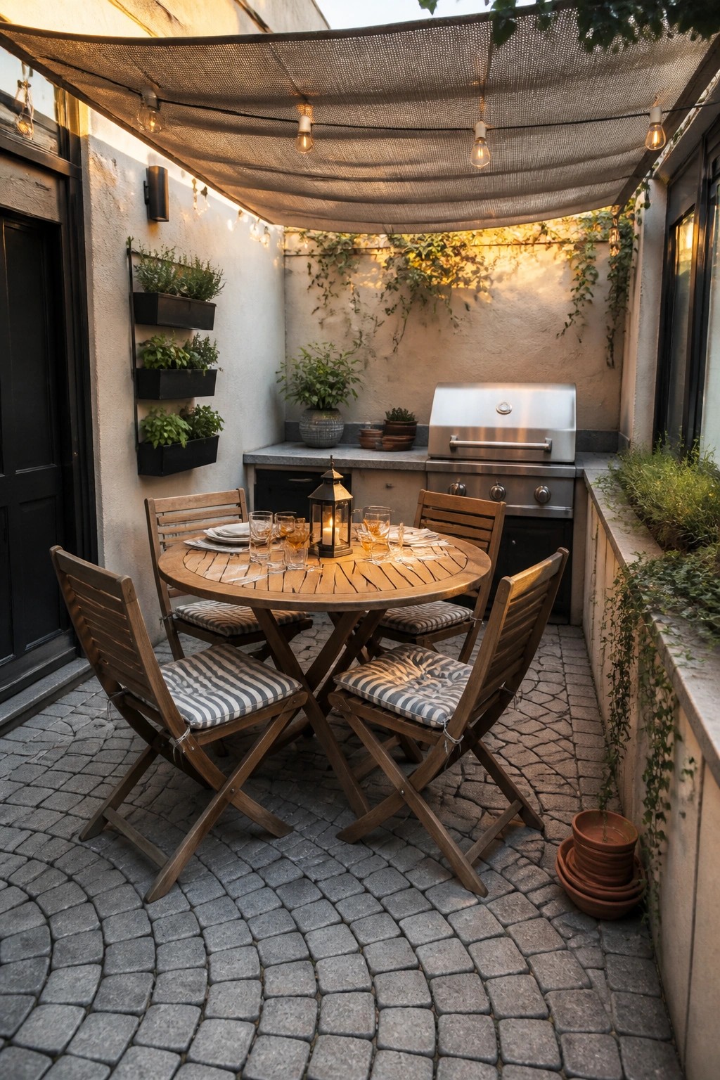 A round wooden dining table with four chairs is arranged on a cobblestone patio beneath a mesh shade cloth, next to a built-in grill and wall planters.