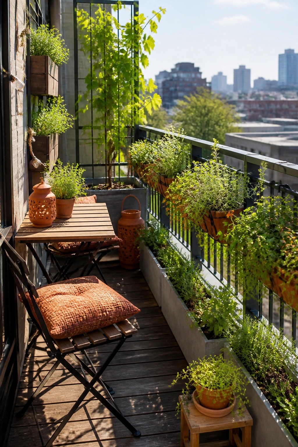 A narrow wooden balcony furnished with a small table and chair, lined with terracotta pots and multiple planters attached to the metal railing.