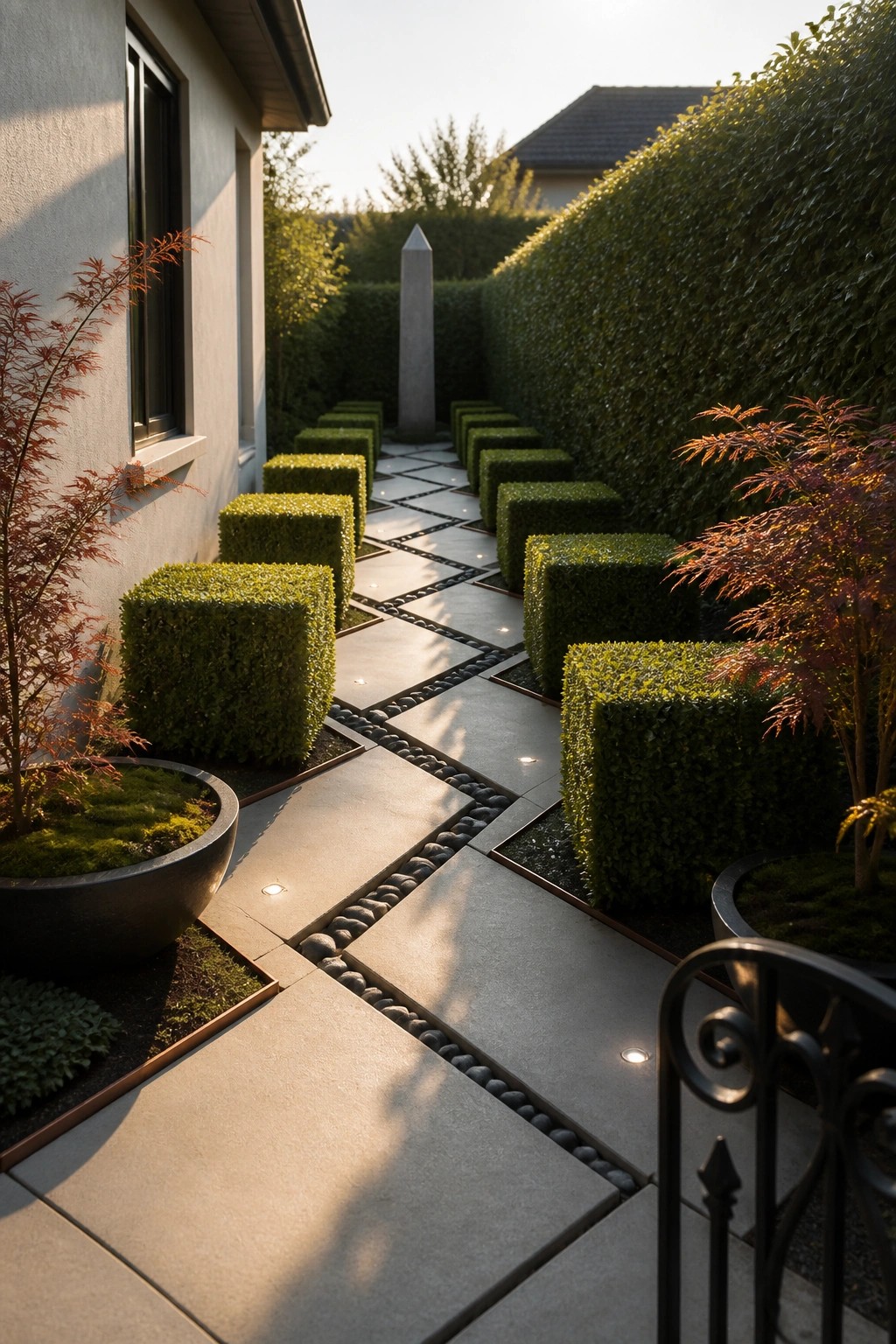 A narrow paved garden path lined with rows of square box hedges and pebble borders, with a stone obelisk visible at the far end.