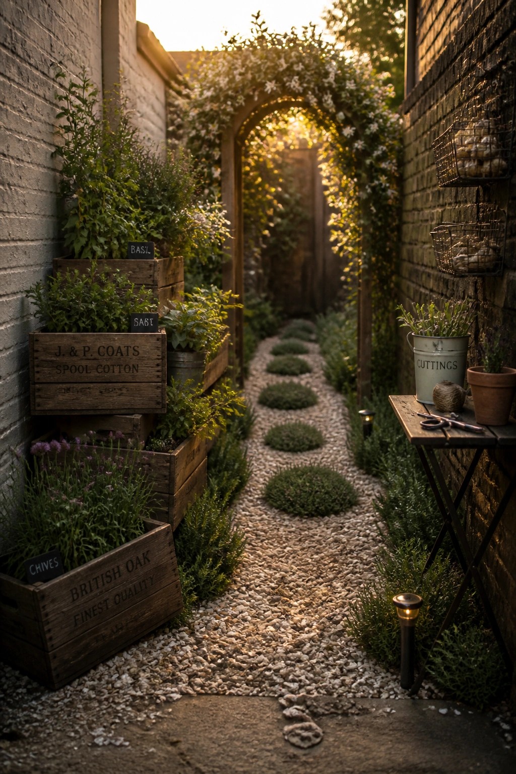 A narrow gravel path between brick walls lined with stacked wooden crates of herbs and plants, with an arched trellis covered in vines overhead.