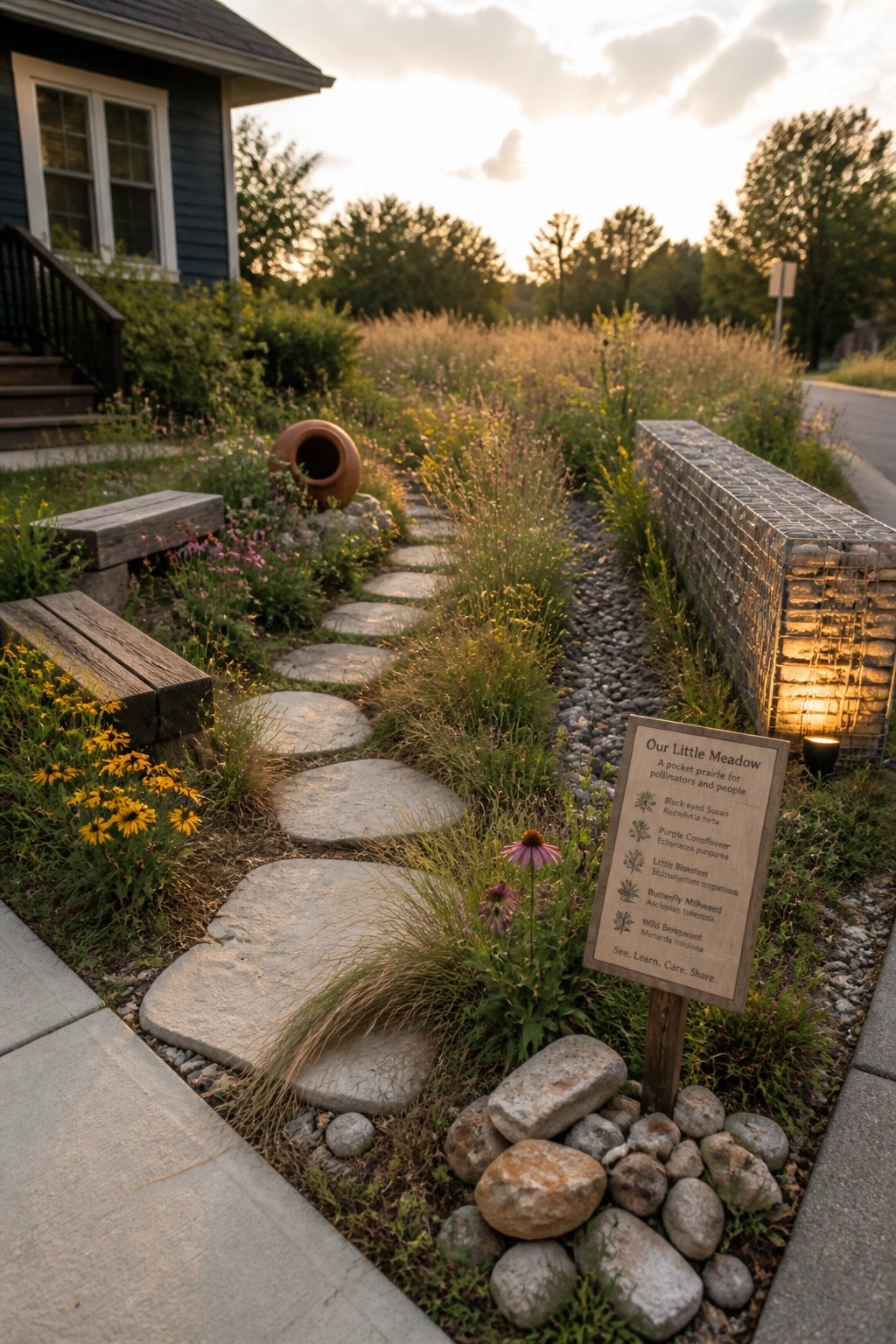 A narrow garden path of flat stepping stones runs through mixed wildflowers and grasses beside a house, with a wooden sign listing meadow plants.