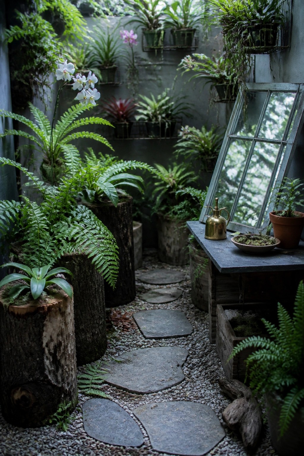 A narrow garden path made of irregular gray stepping stones set in light gravel, lined with ferns in log planters and potted plants against concrete walls.