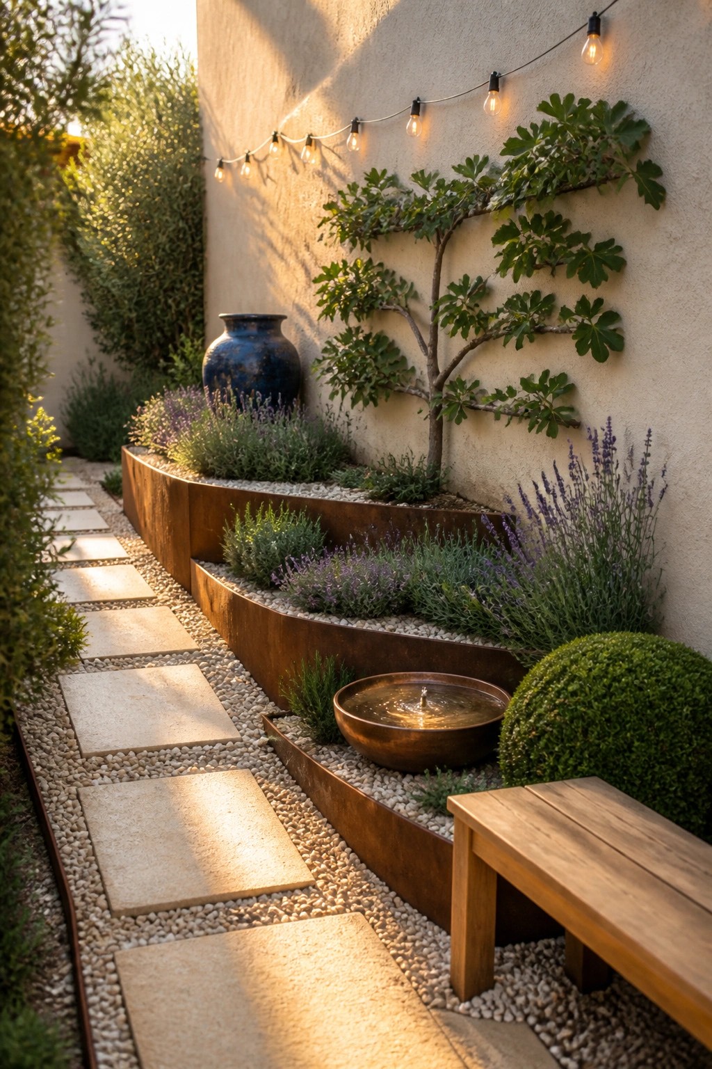 A narrow gravel path with stone pavers runs beside curved metal raised beds holding layered plants, a small fountain, and a tree trained against a stucco wall.