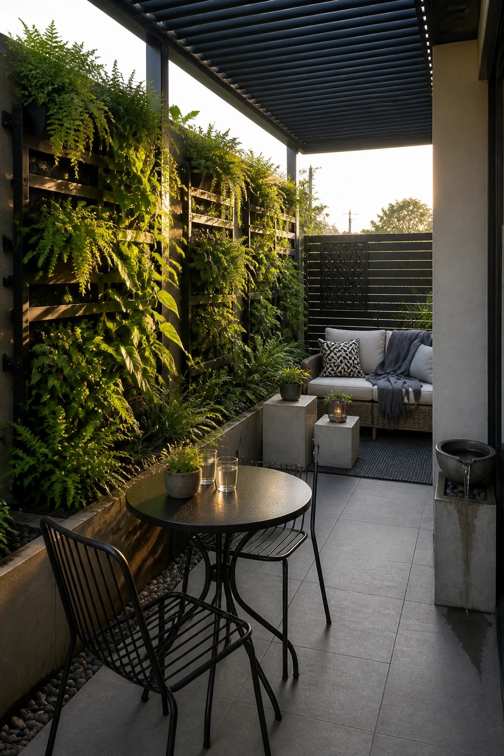 A compact patio with a black round table and two chairs in front of a tall vertical garden wall covered in green ferns and plants, plus a cushioned bench in the background.