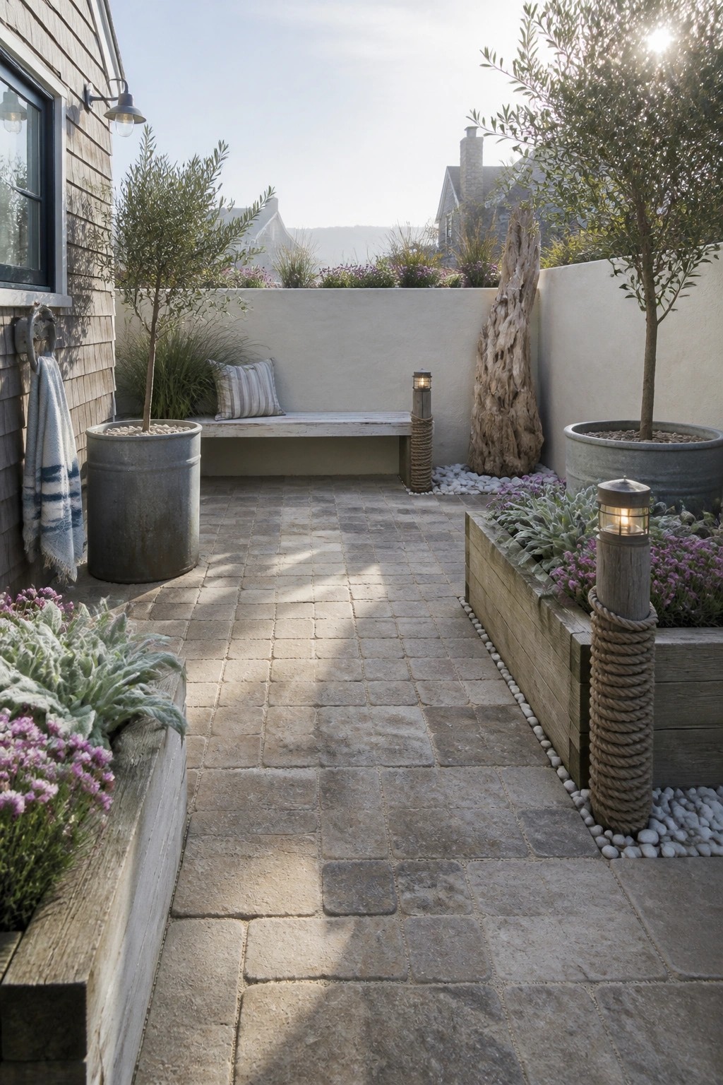 A narrow stone-paved courtyard with a wooden bench placed between two large metal planters and bordered by wooden raised garden beds.