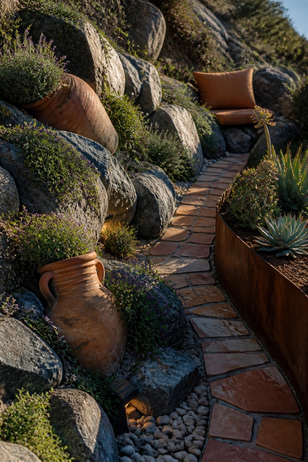 A brick pathway curves between large rocks with terracotta pots and plants along the edges on a hillside.