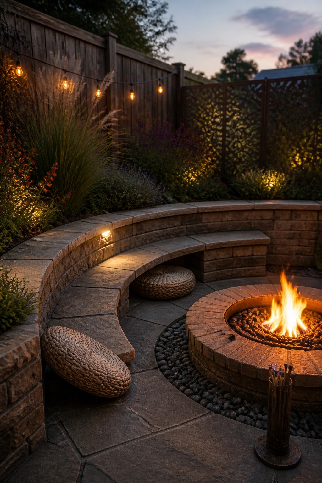 A brick fire pit surrounded by a curved stone bench in a small backyard garden with string lights, plants, and woven seating cushions on the patio.