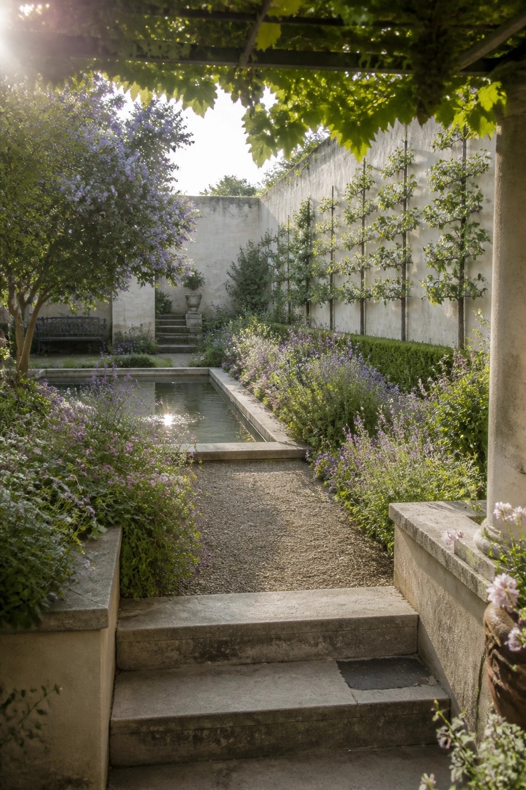 A gravel garden path bordered by purple flowers and green shrubs leads down stone steps to a long rectangular pool, with a vine-covered pergola above and a stone wall on the right.