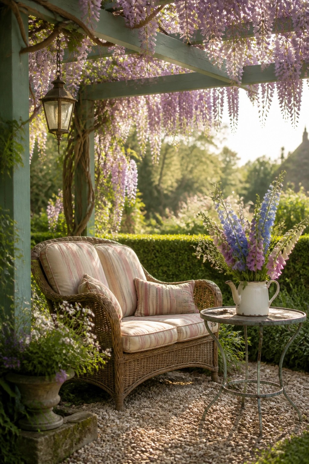 A wicker sofa with striped cushions sits beneath a green wooden pergola draped in purple wisteria, next to a metal table holding a pitcher of flowers on a gravel surface.
