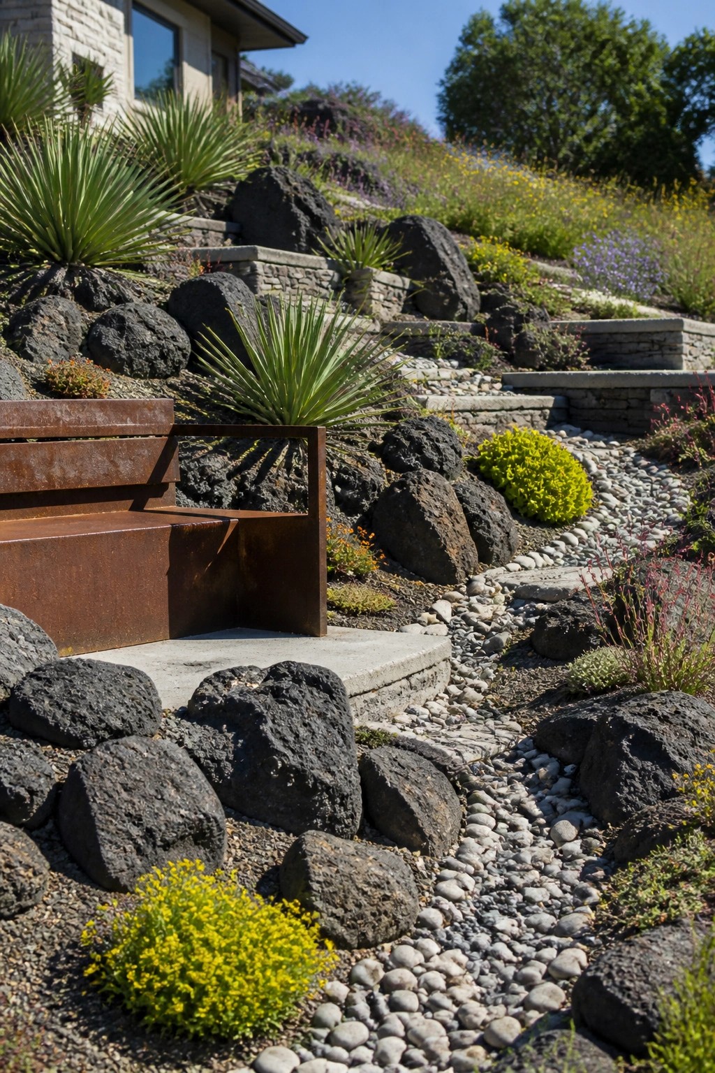 Rusted metal bench amid boulders, gravel path, and terraced hillside garden.