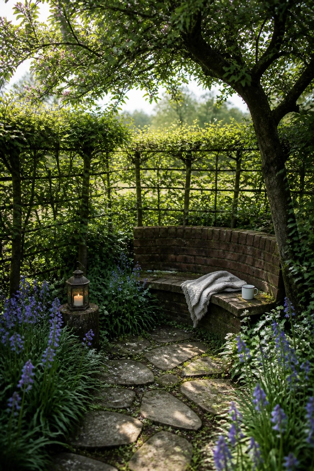 A curved brick bench sits in a garden corner beside a stone path, with a lantern on a stump and blue flowers growing around it.
